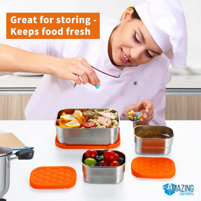 AMAZING CONTAINERS|Stainless Steel Food Containers with Lids Set of 3 (28 oz, 2X 8 oz) | Steel Lunch Container for Kids and Adults | Metal Snack Container Leakproof Lunch Box Sandwich Containers