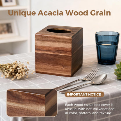 S310 Acacia Wood Tissue Box Cover, Square Tissue Box Holder with Slide-Out Bottom, Wooden Cube Tissue Covers Tissue Holders for Bathrooms Office Kitchen