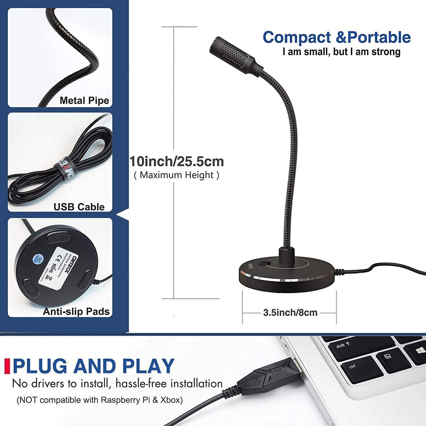 CMTECK USB Computer Microphone G009, Noise-Cancelling Recording Desktop Mic for PC/Laptop for Online Chatting, Home Studio, Podcasting, Gaming, Skype, YouTube with Mute Function(Windows/Mac)