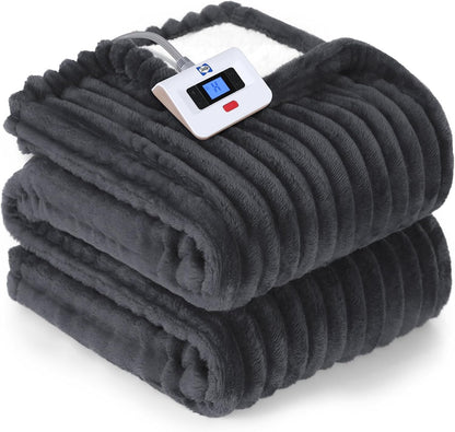 SEALY Electric Blanket Full Size, Soft Ribbed Flannel to Sherpa Reversible Heated Blanket with 10 Heat Settings & 1-12 Hours Auto-Off Overheat Protection, Machine Washable, 72"x84" Beige