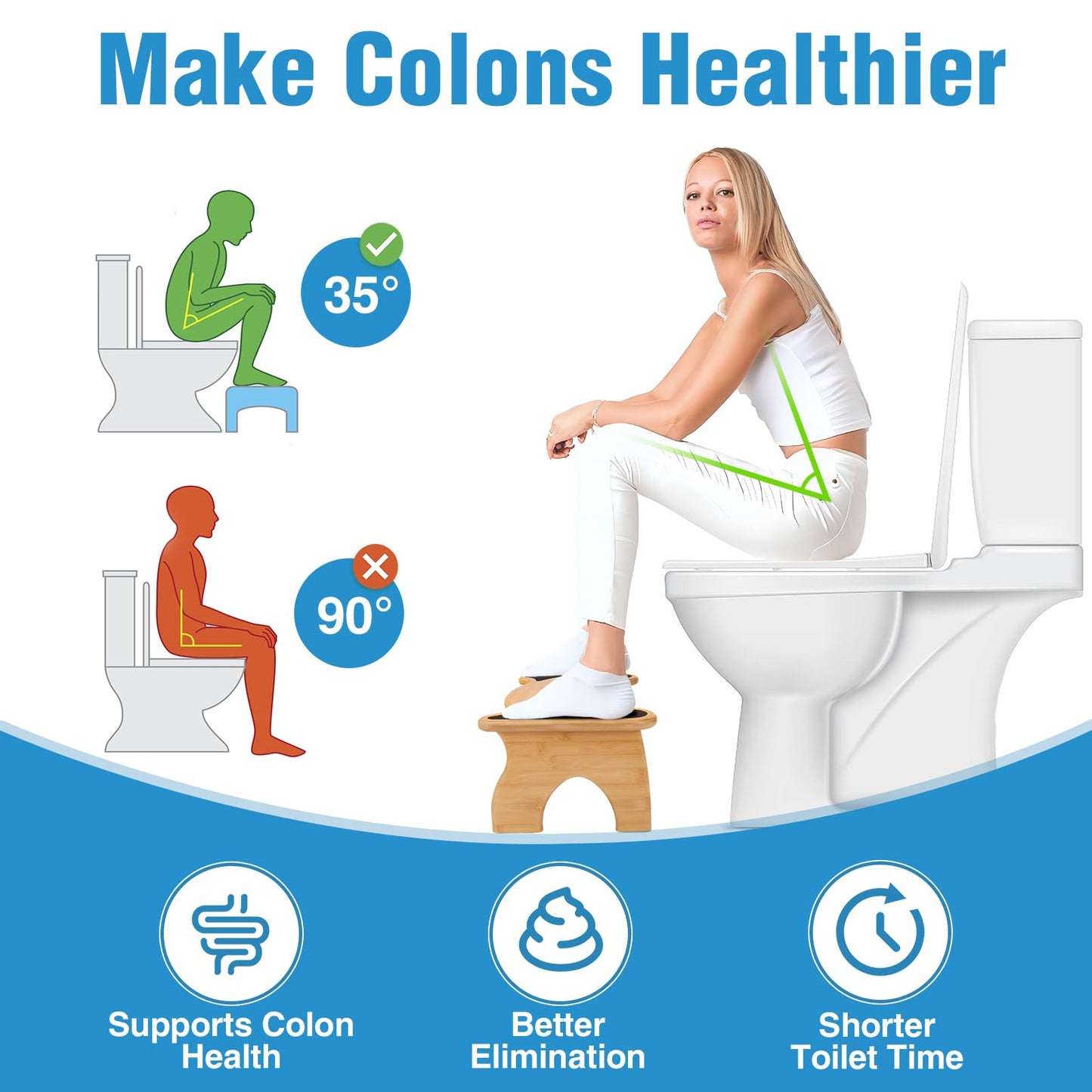 Bamboo Foldable Toilet Stool, 7 Inch Poop Stool for Adults, Non-Slip Squatting Bathroom Stool, Space Saving Potty Stool for Standard Toilets