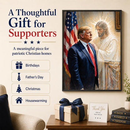The Grace of God: Jesus & Trump Inspirational Painting 11x14 Unframed Poster - Religious Art Faith Leadership MAGA American Flag Patriotic Artwork for Home Office, Living Room, Conservative Christians