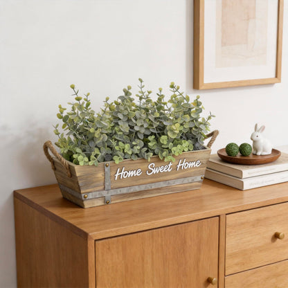 hopeme Artificial Eucalyptus Table Centerpiece in Wooden Box, Faux Greenery Arrangement with “Home Sweet Home” Sign, Jute Rope Handles, Farmhouse Rustic Home Décor