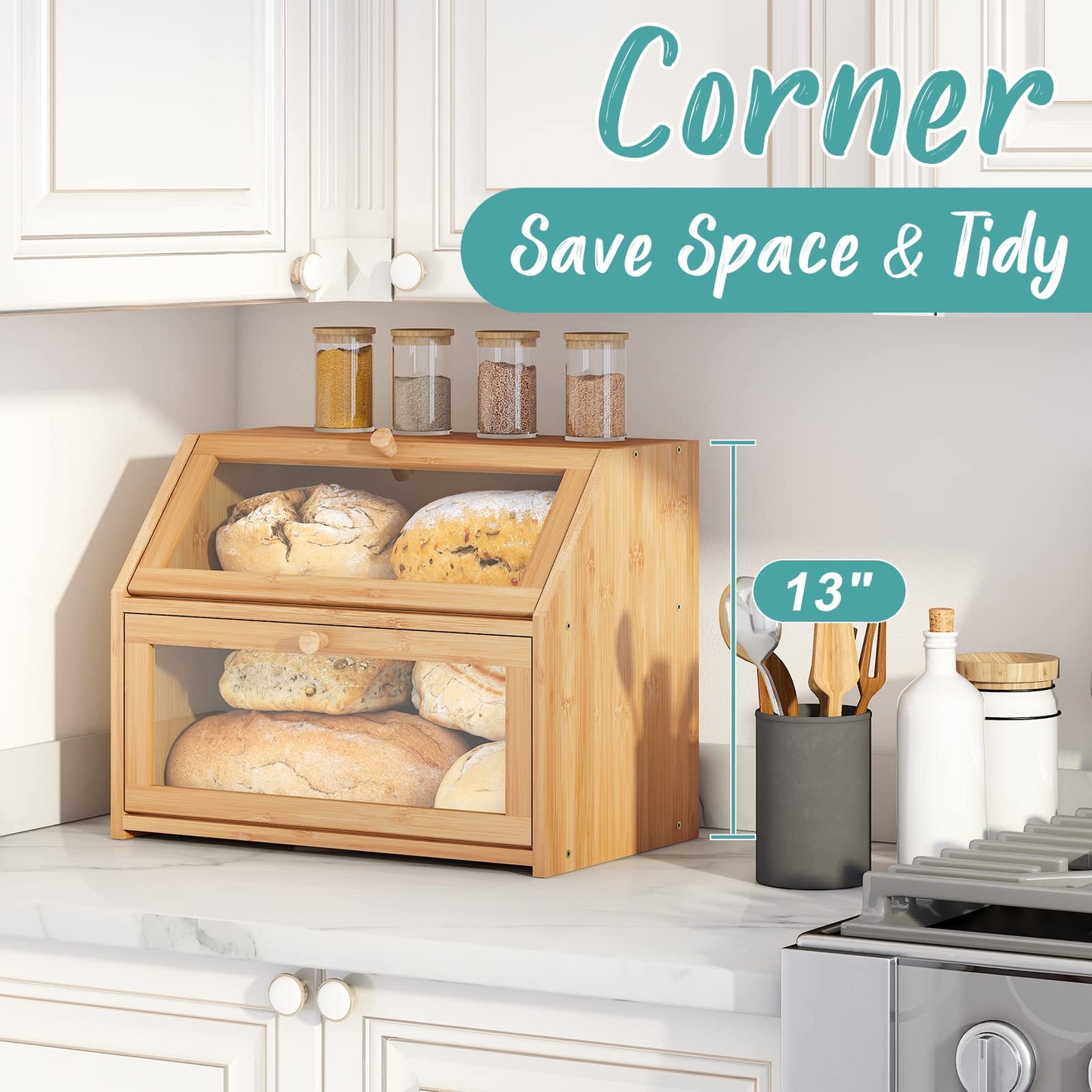 Vriccc Large Bread Box,Bamboo Wood for Kitchen Counter, Corner Bread Box, Large Capacity Bread Storage Bin