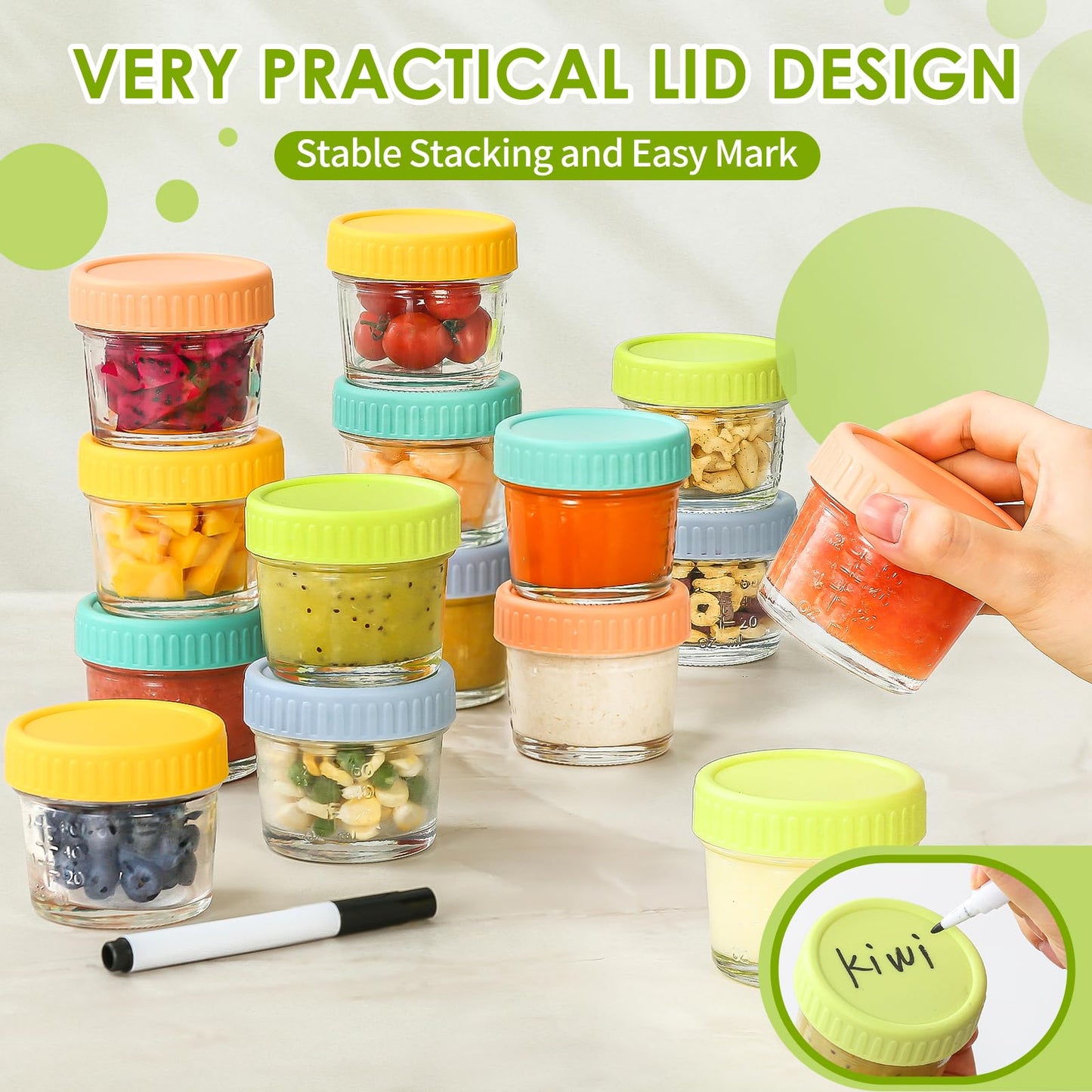DRKIO 20 Pack Glass Baby Food Storage Containers 4 Oz Baby Food Jars with Lids Baby Food Maker Microwave Dishwasher Freezer Safe 100% Leak-Proof BPA Free