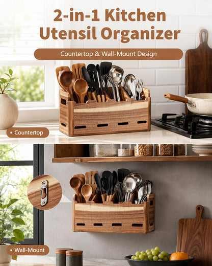 YEZHEXI Acacia Wood Utensil Holder for Kitchen Counter, 4-Compartment Large Kitchen Utensil Organizer, Wood Utensils Organizer for Cooking Tools and Silverware, Farmhouse Kitchen Decor