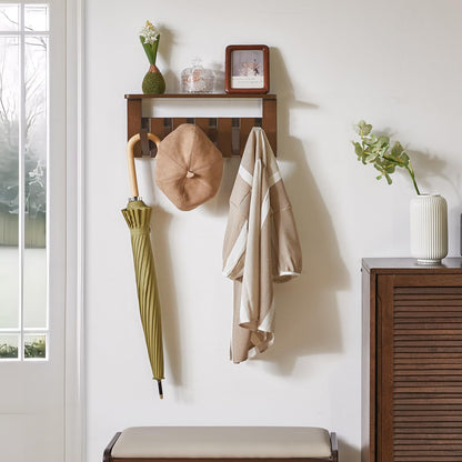 YMYNY Coat Rack Wall Mount with Shelf, 2 Pack Wall Shelf with Retractable Hooks, Wooden Wall Coat Rack for Entryway, Bedroom for Hanging Clothes/Coats/Keys/Hats/Towels/Bags, Walnut, HWS008H-2