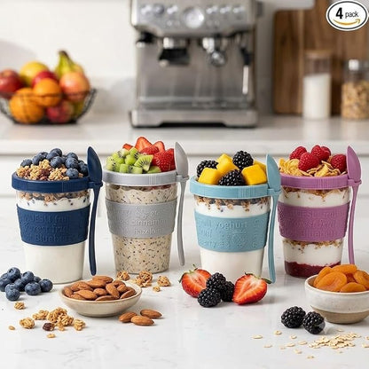 Salda 4 Pack 20 oz Breakfast On the Go Cups, Take and Go Yogurt Cup with Topping Cereal Cup with spoon, Overnight Oats or Oatmeal Container Jar, Colorful Set of 4