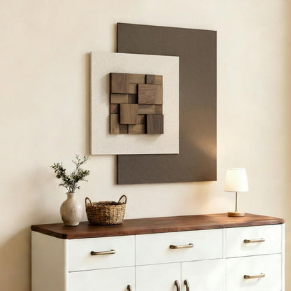 Vaskuro Extra Large 3D Wood Textured Neutral Art, Modern Minimalist Abstract Artwork for Living Dining Room, Handmade,Sandstone Layered, Organic home Office Brown Beige Cozy Wall Decor, 29x31.5in