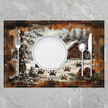 Lodge Cabin Placemats 12x18 Inch Set of 4 Pine Trees Wild Animal Jungle Bear Table Mats for Kids Teens Adults Wooden Stripes Winter Farmhouse Rustic Kitchen Mats for Dining Table