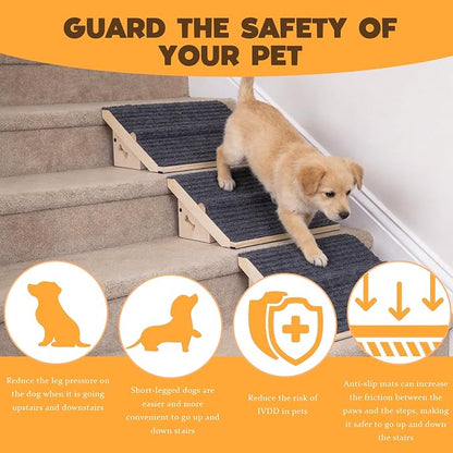 3 Pack Wooden Dog Ramp for Stairs,13L*9W*5H''+26°Slope,Fit for Stair 9-11D''5-7''H,Friendly to Short-Legged/Small/Injured/Aged Dogs with High Support,with Anti-Slip Pads for Climbing Safely