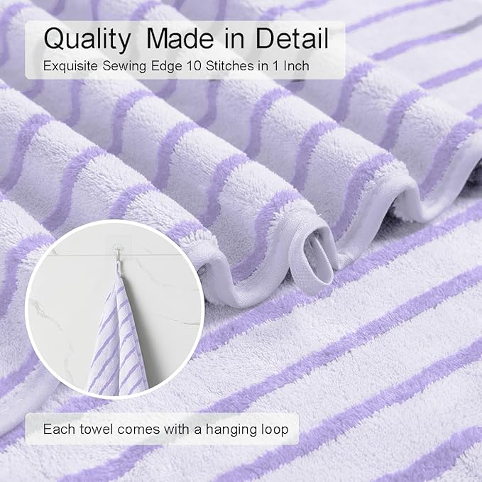 4 Pcs Light Purple Cabana Stripe Large Bath Towels 35"x70" Oversized Bath Sheet