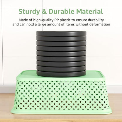 MaxGear 3 Pack Plastic Storage Baskets, Large, Green | Durable Woven Plastic with Built-In Handles, Suitable for Shelves, Closets, Cabinets, Bathrooms and Offices