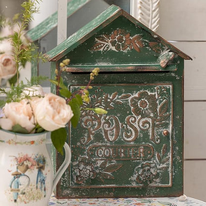 Vintage Green Wall Mount Mailbox for Outside, Metal Post Box Decorative Antique Style Mail Drop Box for House Decor(Dark Green)