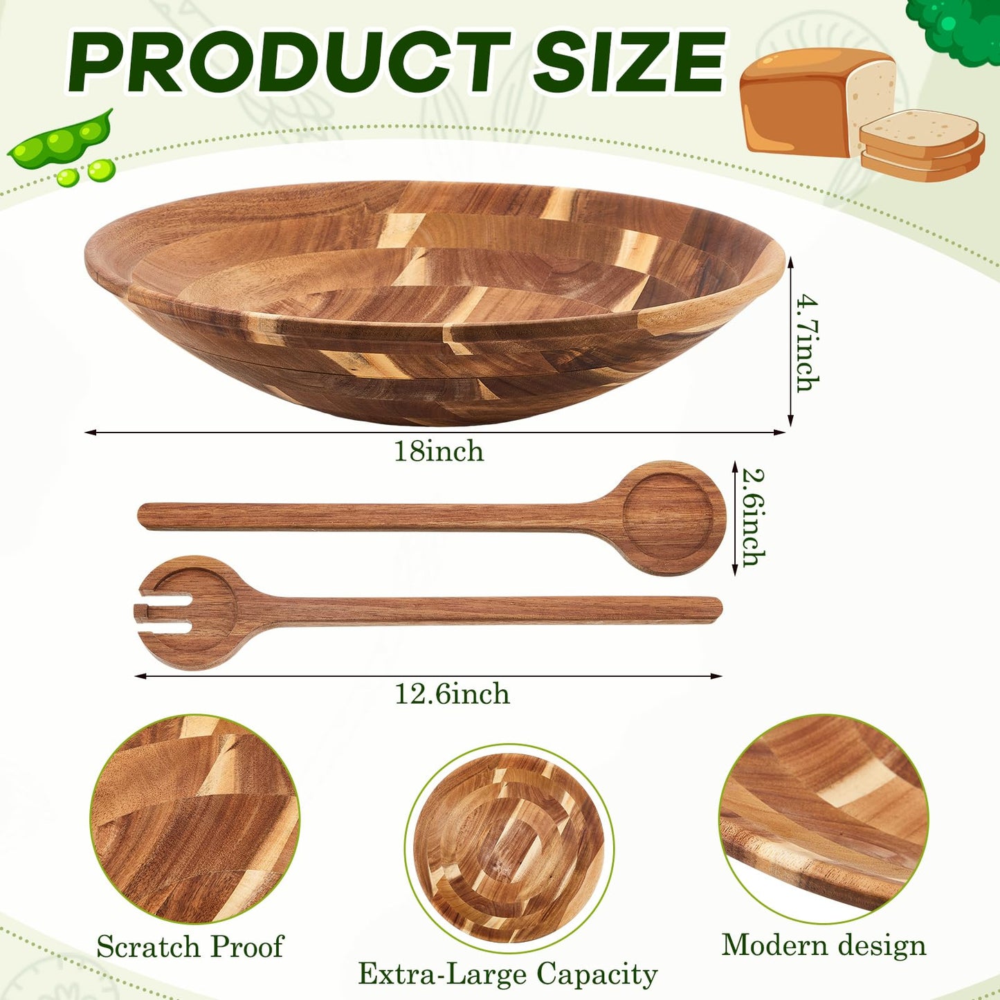 Geiserailie Extra Large 18 Inch Acacia Wood Salad Bowl Set Wooden Serving Bowl with Serving Utensils for Fruits, Pasta, Salad Farmhouse Kitchen for Housewarming Wedding Restaurants Table Display Gift