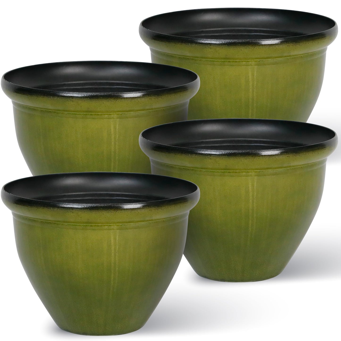 Worth Garden 12-Inch Dia. Round Green Plastic Planters with Drain Holes, 9.5-Inch Height - 4-Pack Glossy Finish Bell-Shaped Plant Pot – Lightweight Indoor/Outdoor Flower Pots