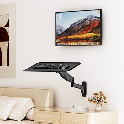 Keyboard Tray Wall Mount,Sit-Stand 26 Inch Keyboard and Mouse Stand,Height Adjustable Typing Platform,360 Degree Rotation, Holds up to 19.8 lbs, Black