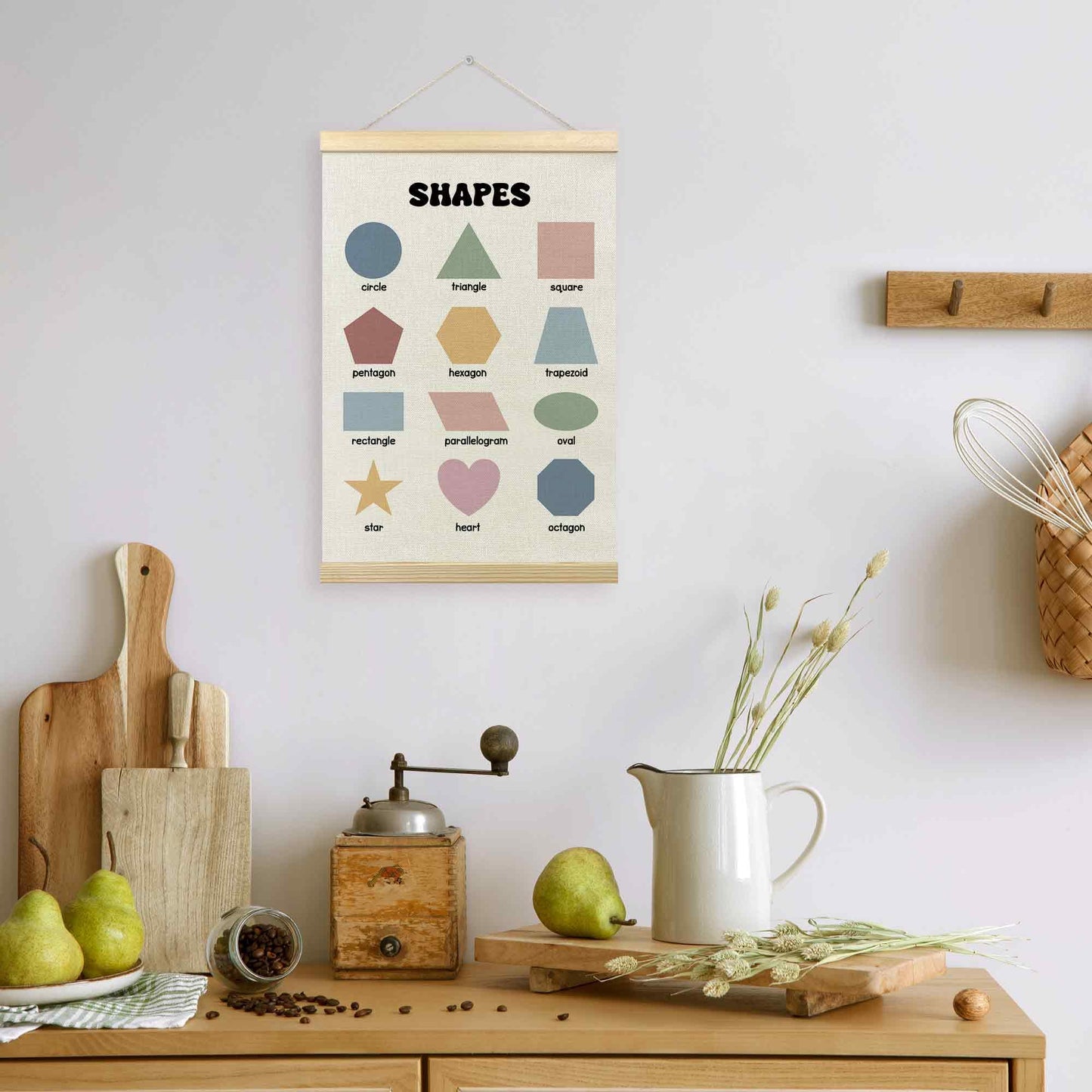 TLESKE Boho Classroom Shapes Chart Poster Hanger Frame, Homeschool Hanging Wall Art Decor for Toddlers Kids Room Nursery Playroom, Preschool Prek Learning Educational Poster Print Banner, 16x24