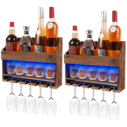 TIRYIUOU 2 Pack Wooden Wine Rack Wall Mounted with LED Light, Wall Wine Rack, Bar Liquor Shelf, Wine Glass Holder Wall Mounted, Floating Bar Shelves for Kitchen, Dining Room, Home Bar