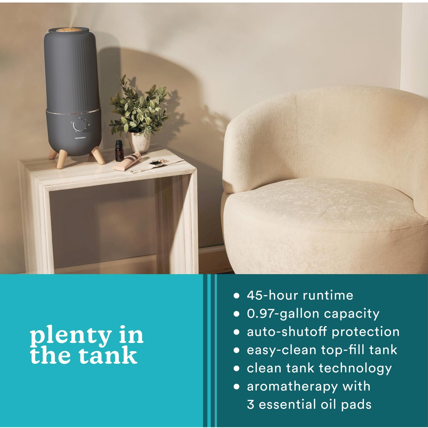 Homedics Ultrasonic Humidifier, Bedrooms and Home Offices, 0.97-Gallon Tank, 45-Hour Runtime, Visible Ultra-Quiet Cool Mist, Aromatherapy, Demineralization Cartridge, Night-Light, Auto-Off, White