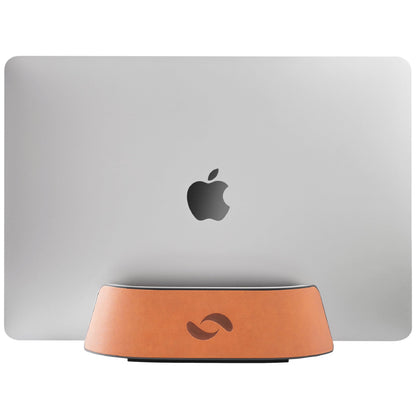 HumanCentric Vertical Laptop Stand in Vegan Cognac Leather, Upright Adjustable Holder and Dock, Laptop Vertical Stand Fits MacBook Pro and Other Laptops .5" to 1.5", Clamshell Compatible
