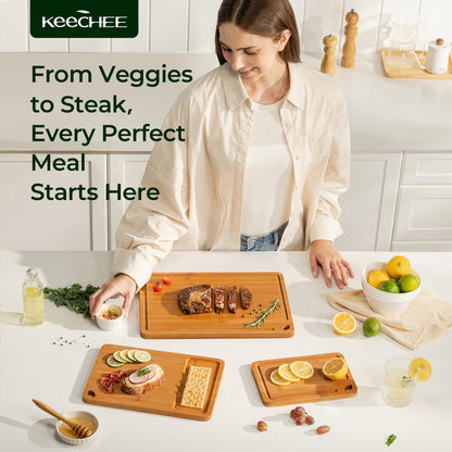 Bamboo Cutting Board, Durable Wood Cutting Boards for Kitchen with Deep Juice Grooves & Built-in Handles, Ideal Charcuterie & Chopping for Meat, Vegetables and Fruits Ideal Kitchen Gifts