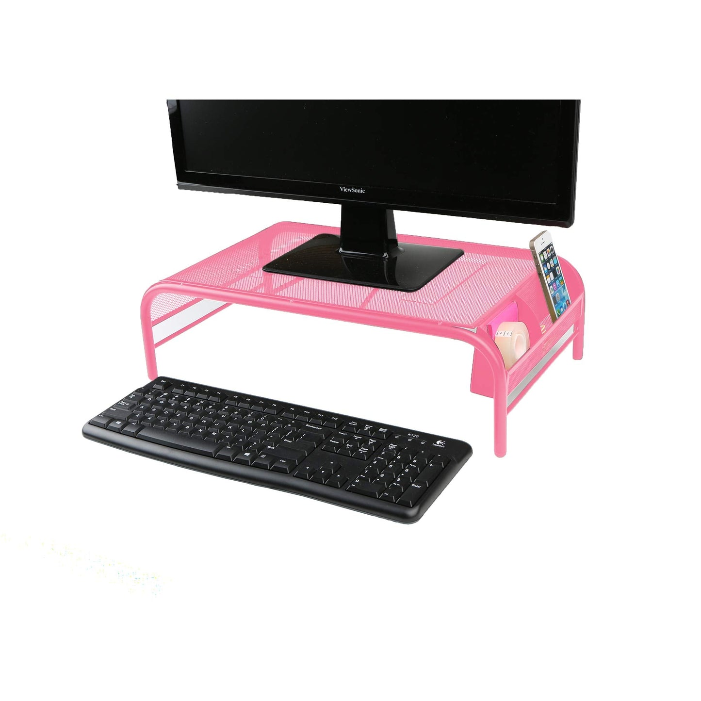 Mind Reader Monitor Stand, Ventilated Laptop Riser, Desktop Organizer, Side Storage, Metal Mesh, 20" L x 11.5" W x 5.5" H, Pink