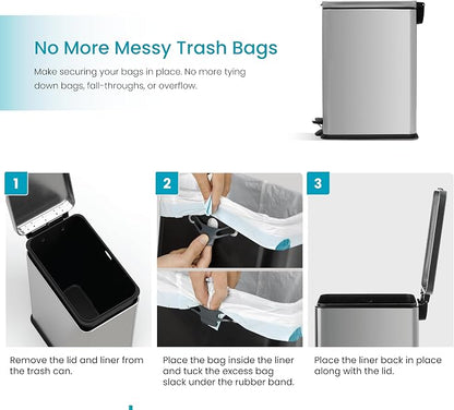 Home Zone Living 4 Gallon Stainless Steel Slim Kitchen Trash Can | Stainless Steel with Soft-Close Step Pedal Lid, Bag Tuck Band for Easier Bag Changes, Rectangular Shape, Silver
