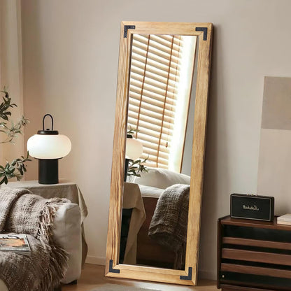 YNCLCS 55"x22" Full Length Mirror with Wooden Frame，Natural Wooden Standing Mirror, Solid Wood Frame, Hanging or Leaning Wall-Mounted, Suit for Farmhouse, Living Room, Bedroom (Light Brown)