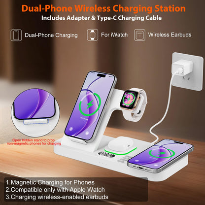 Dual Phone Magnetic Wireless Charging Station for Apple Devices/Apple Ecosystem,with Auto-Switch 7-Color Light & Clock, Compatible with iPhone 17/16/15, for iWatch 11/10/9 & AirPods Pro3（Cream