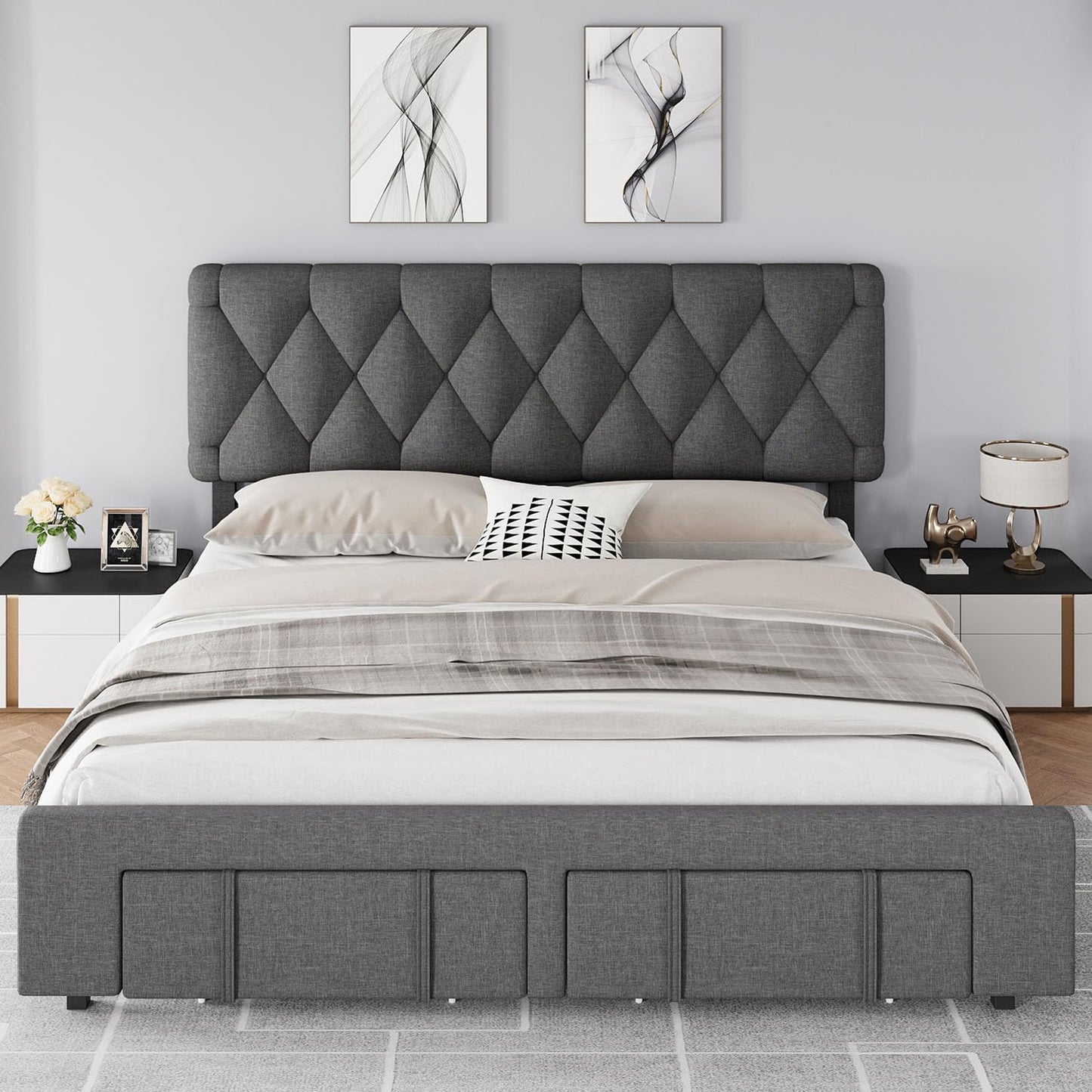 GAOMON King Size Upholstered Platform Bed Frame with Storage Drawers, Mattress Foundation with Solid Wooden Slats, No Box Spring Needed, Grey