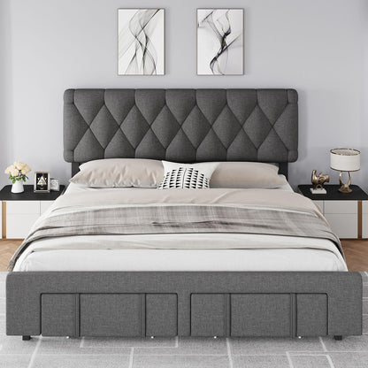 GAOMON King Size Upholstered Platform Bed Frame with Storage Drawers, Mattress Foundation with Solid Wooden Slats, No Box Spring Needed, Grey