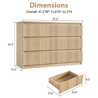 Jocoevol 6 Drawer Fluted Dresser, Modern Chest of Drawers for Bedroom with Hidden Handles, Wood Storage Organizer Cabinet for Living Room & Entryway, Natural Oak (15.7" D x 47.3" W x 31.6" H)