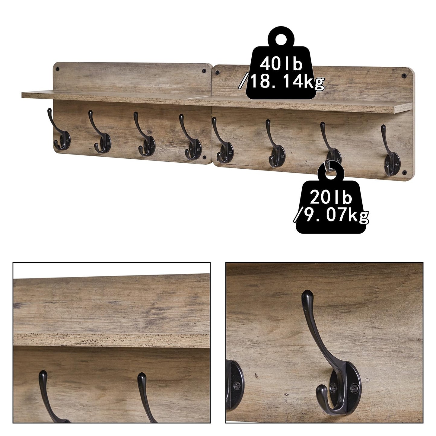 YMYNY Coat Rack Shelf Wall Mounted, Wooden Coat Hooks Set of 2, Entryway Coat Hanger with 8 Hooks,31.5''L Floating Shelves, Key Holder, for Bedroom, Bathroom, Living Room, Silver Gray UHWS006Y-2