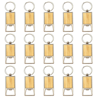 Frinnovan, 15 Pack Wooden Bottle Opener Keychains Blank Wood Openers Engraving Key Chains Tag for Engravable DIY Crafts (Rectangle 3)
