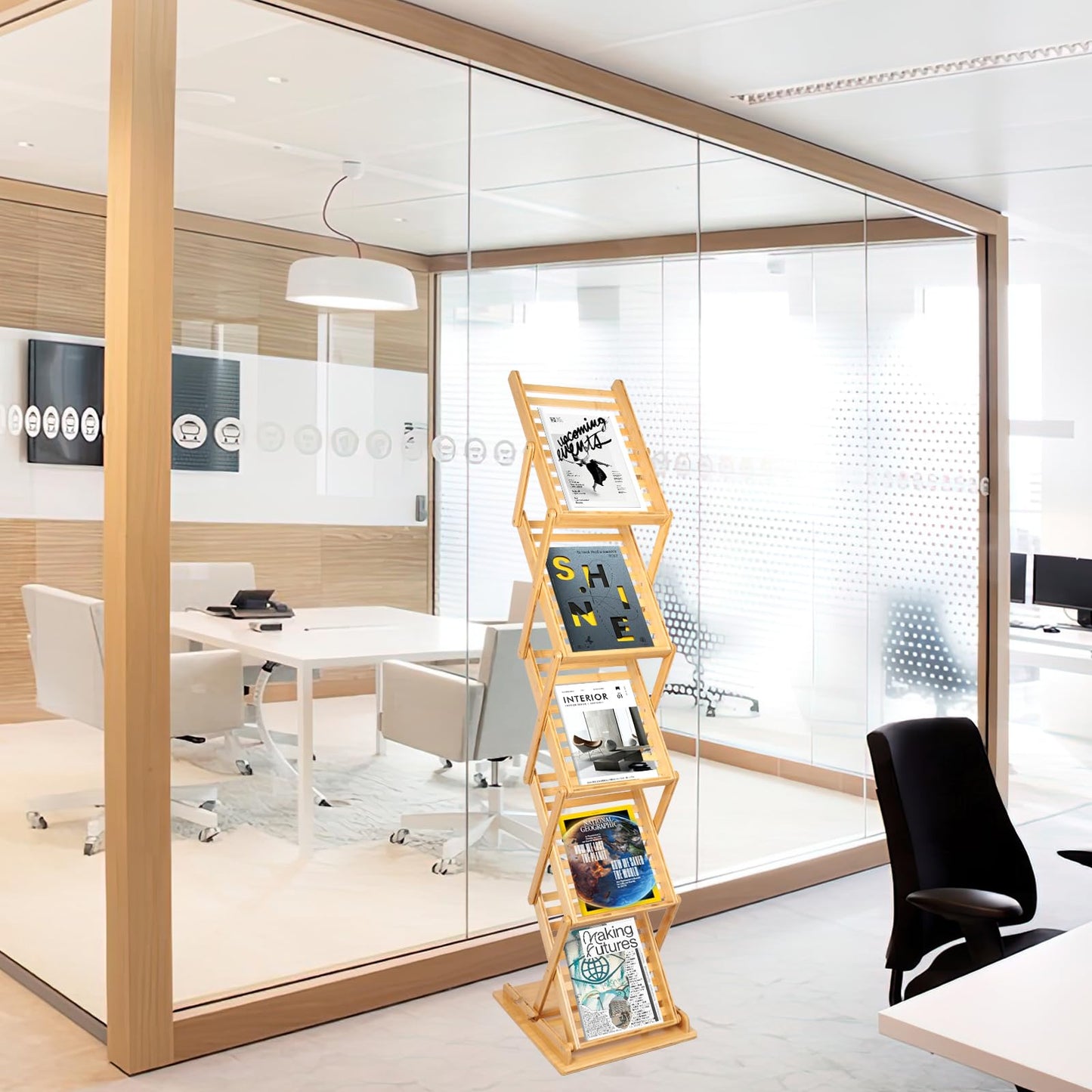 Choowin Foldable Magazine Rack Floor Stand Brochure Display Stand Literature Display Rack Holder Bamboo Wood Magazine Rack for Home Office Retail Display Exhibitions Trade Show Portable 5 Pockets