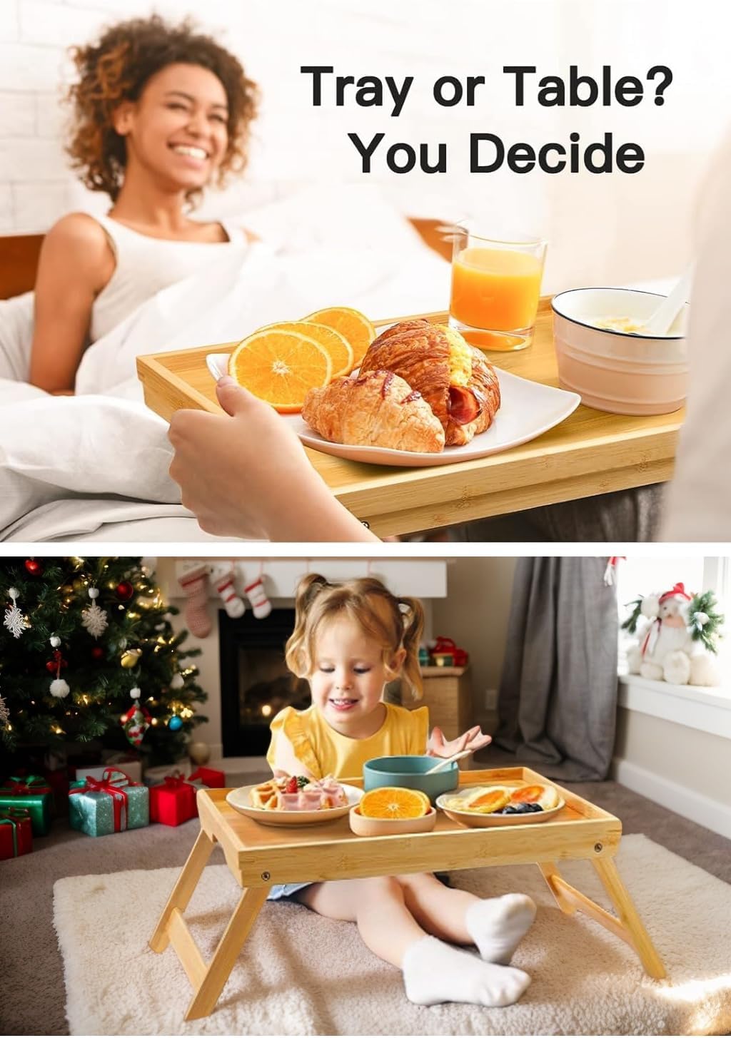 Pipishell Bamboo Bed Breakfast Tray with Foldable Legs, Handles, Ideal for Kids, Couples, Sofa, Eating, Working, Used As Laptop Desk Snack Table - 2 Pack