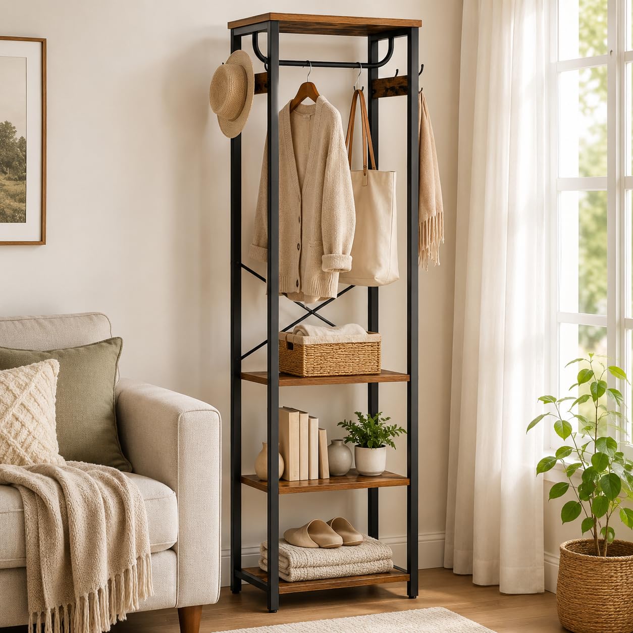 Cerlyunzan Coat Rack with Hanging Rod, Garment Rack with 3 Wooden Shelves and 4 Hooks, Freestanding Hall Tree, Industrial Clothes Rack Stand Organizer, Rustic Brown and Black