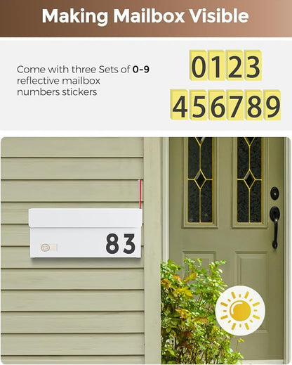 Modern Mailboxes for Outside, Metal Wall Mount Mailbox, with One Flag Kit and Three Sets of Mailbox Number Stickers, 3.9" D×13" W×7.1" H, Rust Resistant Coating Mail Boxes for House, White