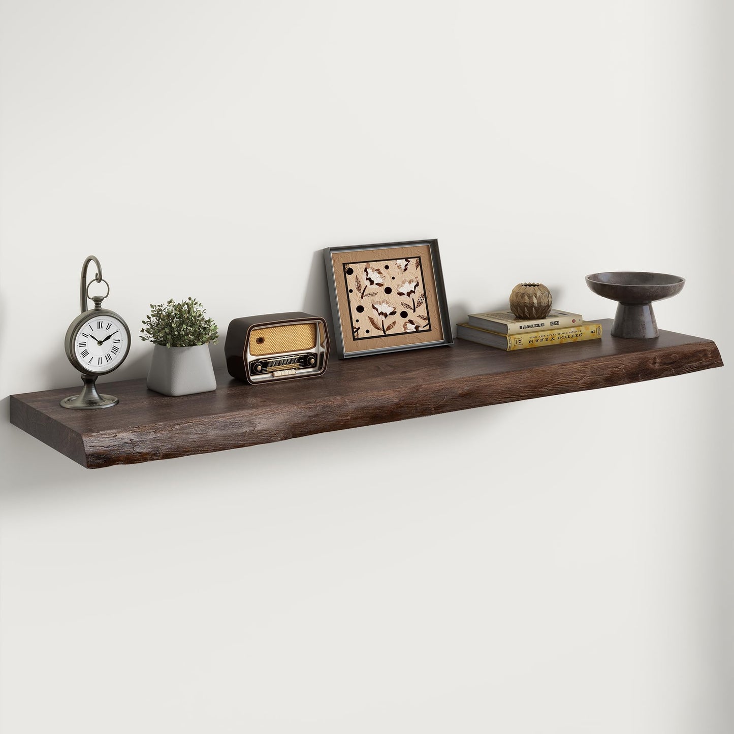 RICHFOCUS Live Edge Elm Floating Shelves - 48" W x 9.3" D Rustic Solid Wood Wall Shelves with Invisible Bracket, Wall-Mounted for Living Room, Bedroom, Kitchen Storage & Display, Set of 1, Walnut