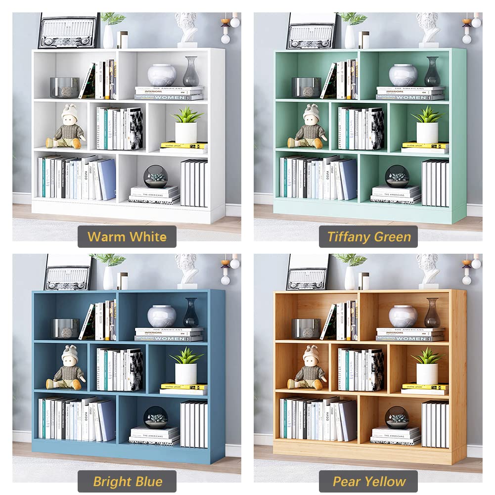 IOTXY Open Shelf Low Bookcase - Wooden 3-Tier Floor Standing Display Cabinet Organizer with Base, 7 Cubes Short Horizontal Bookshelf in Pear Yellow