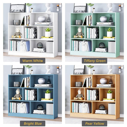 IOTXY Open Shelf Low Bookcase - Wooden 3-Tier Floor Standing Display Cabinet Organizer with Base, 7 Cubes Short Horizontal Bookshelf in Pear Yellow