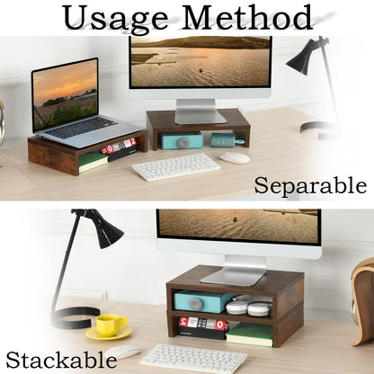 TEAMIX Monitor Riser - 2 Pack, Rustic Brown Wood Adjustable Stand for 2 Monitors/Laptop/PC