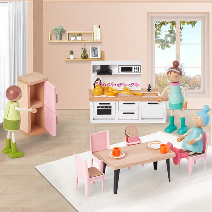 Giant bean 36pcs Wooden Dollhouse Furniture Set with Dolls for 5 Rooms, Wood & Plastic Pink Dollhouse Accessories Pretend Play Furniture Toy Christmas Birthday Gift Toy for Kids Boys Girls Toddler 3+