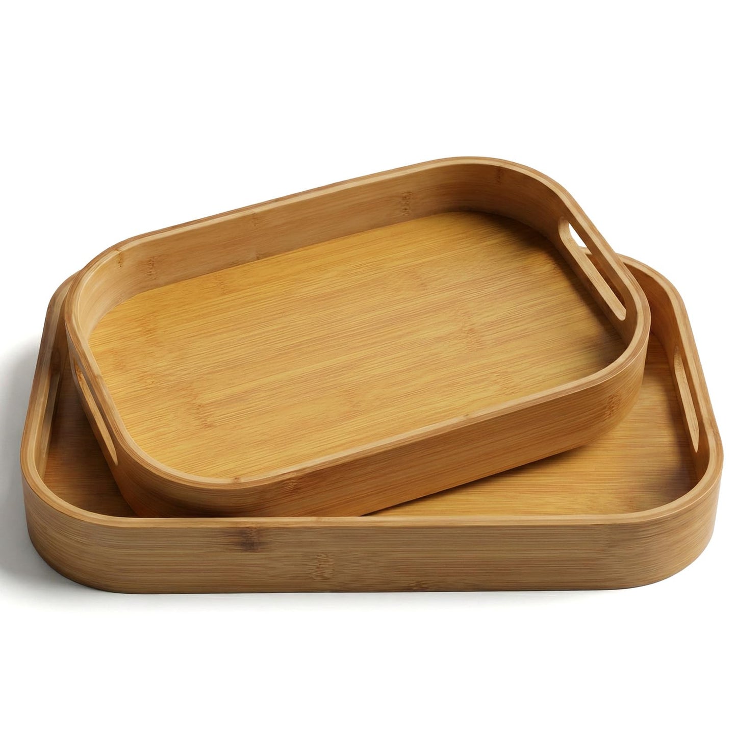 2-Pack Bamboo Serving Trays with Handles (16" & 13") – Large Solid Wood Breakfast Tray for Bed, Food Serving Platter for Coffee, Tea, Dinner, Party, Decorative Tray for Kitchen Counter & Living Room