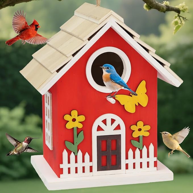 Wooden Bird Houses Bird House for Outside,Red Wood Bird House for Outdoors, Nesting Box with Sturdy Rope, Haing Bird Houses for Garden Blue Bird Hummingbird Wren Cardinal Swallow Sparrow Finch
