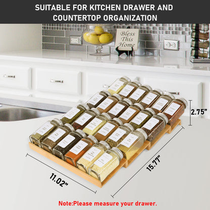 Spice Drawer Organizer with 24 Spice Jars and 216 Labels,Non-slip Rubber, Bamboo 4 Tier Spice Racks Tray Seasoning Containers for Kitchen Drawers,Cabinets,Countertops,13" Wide * 15.8" Deep
