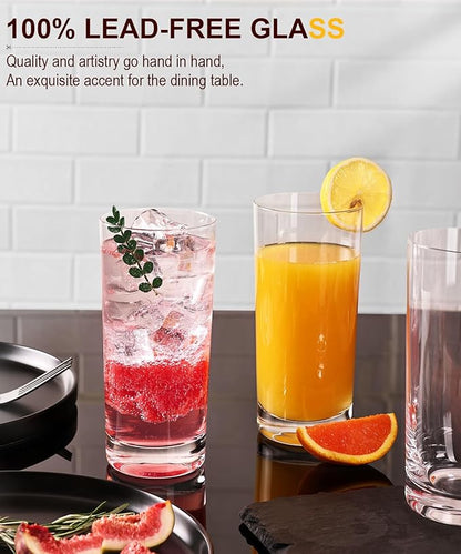 LUNA & MANTHA Drinking Water Glasses Set, Lead-Free Crystal Highball Glass, Tall Glass Cups for Cocktail Parties,Clear set of 12,16oz