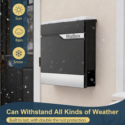 Modern Black Mailbox Wall Mount for Outside, Large Locking Security Key Drop Mail Box, Heavy Duty Galvanized Steel Post Box for House, Weatherproof Collection Box (14.57"x14")