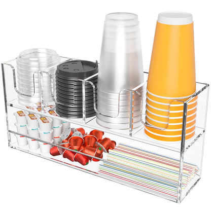 Beego 5-Compartment Cup Holder for Countertop - 2-Tier Clear Acrylic Cup Dispenser Coffee Station Paper Cup and Lid Organizer Condiment Storage for Restaurant Breakroom Kitchen Bar Accessories